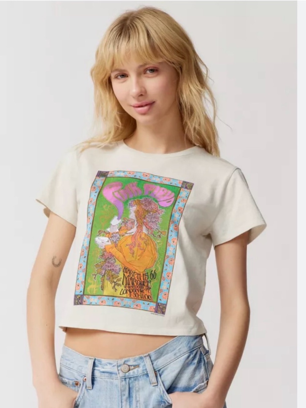 Urban Outfitters Cream Crop Tee with Multicolor Vintage Graphic